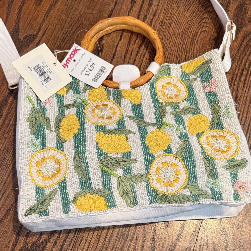 Floral Embroidered Handbag with Bamboo Handle